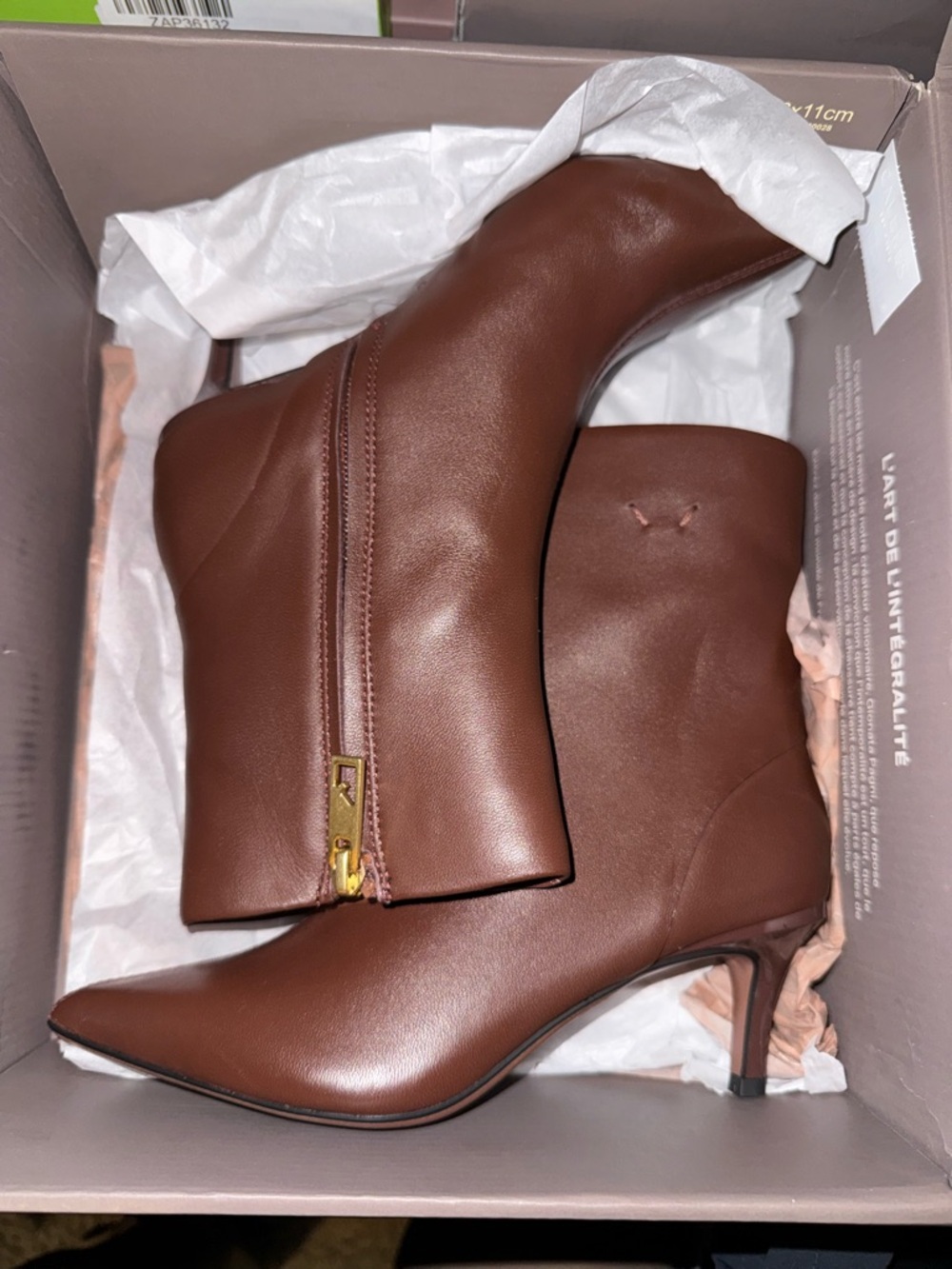 Franco Sarto Anna Brown Pointed-Toe Genuine Leather Ankle Boots with Kitten Heel